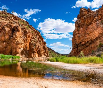 Scenic panorama of Glen Helen gorge in West MacDonnell National Park in NT central outback Australia